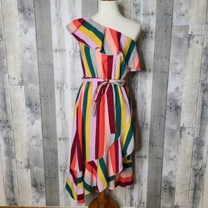 VICI One Shoulder Ruffle Rainbow Midi Dress